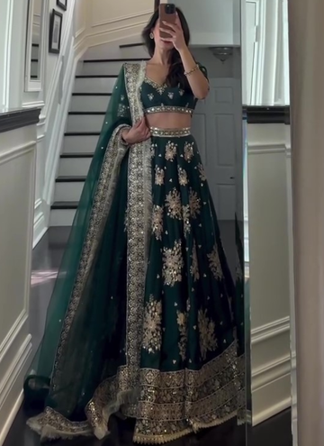 Japan Satin Dark Green Sequence Embroidered Lehenga Choli Set